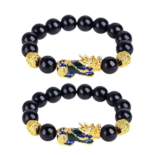 FengShui Armband für Reichtum und Glück, Feng Shui aus schwarzem Obsidian, Pixiu-Reichtumsarmband, Wohlstands-Buddha-Perlen,Temperaturveränderung Armband für Frauen und Männer (2) von Generisch