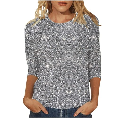 Festliche Blusen Damen, Pailletten Oberteile 3/4-Ärmel Glitzer Shirt Elegant Silvester Outfit Große Größen Rotes Casual Langarm Tunika von Generisch