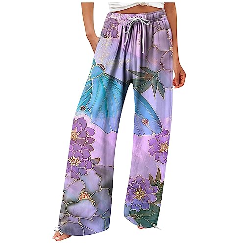 Festliche Hosen Damen,Sporthose Damen 3/4 Damen Casual Loose Hohe Taille Baumwolle Leinen Weites Bein Lange Hosen Mit Taschen Freizeithosen Damen Sommerhose Leicht Elegant Hosen (Violett,S) von Generisch