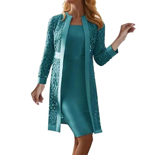 Festliche Kleider Damen Hochzeit : Abendkleider Damen Langarm Vorne Offen Business-Kleider Spitzen Zweiteiler Brautmutterkleider 2 Teiler Satin Partykleid Curvy Ballkleider Festkleid Cocktailkleid von Generisch