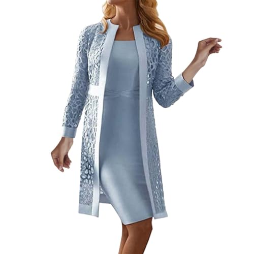 Festliche Kleider Damen Hochzeit : Abendkleider Damen Langarm Vorne Offen Business-Kleider Spitzen Zweiteiler Brautmutterkleider 2 Teiler Satin Partykleid Curvy Ballkleider Festkleid Cocktailkleid von Generisch