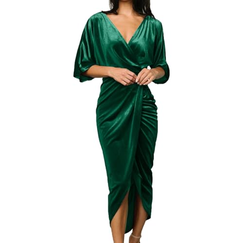 Festliche Kleider Große Größen Damen Abendkleid mit V- Schnitt Sexy Unregelmäßigem Rock Goldenes Samtkleid Damen V Schnitt Sexy Unregelmäßiger Rock Abendkleid Gold Samt Kleid Kleid Sommer (Green, M) von Generisch
