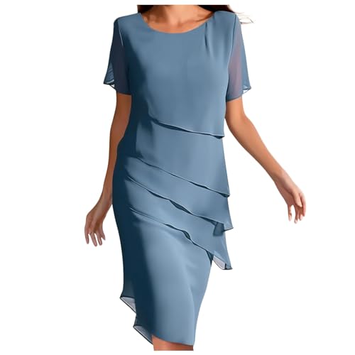 Figurschmeichelndes Blau Stufen Chiffonkleid Damen - Faltenkleid Midikleid Rundhals Kurzärm Abendkleider Sommer Freizeitkleid Patchwork Elegant a Linie Knielang Cocktailkleid Partykleid Mode von Generisch