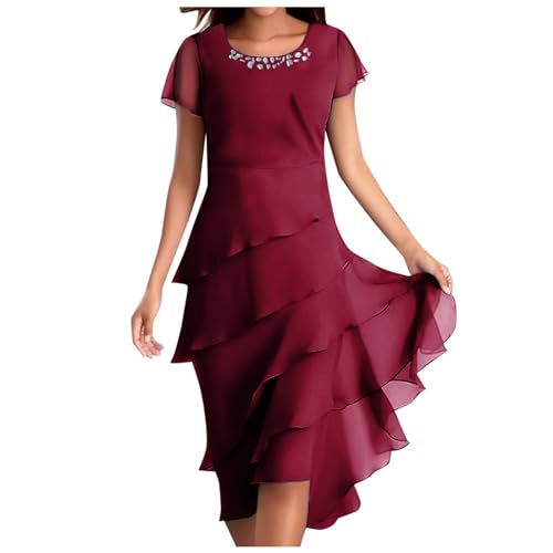 Figurschmeichelndes Blau Stufen Chiffonkleid Damen - Faltenkleid Midikleid Rundhals Kurzärm Abendkleider Sommer Freizeitkleid Patchwork Elegant a Linie Knielang Cocktailkleid Partykleid Mode von Generisch
