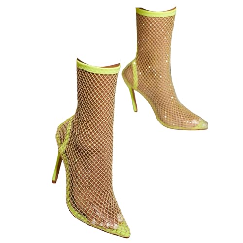 Fischnetz-Stiefeletten für Damen, glitzerndes Netzgewebe, hoher Stiletto-Absatz, spitzer Zehenbereich, Club, Party, kurze Stiefel, gelb, 36.5 EU Fischnetz-Stiefeletten für Damen, glitzerndes Netzgewebe, hoher Stiletto-Absatz, spitzer Zehenbereich, Club, Party, kurze Stiefel, gelb, 36.5 EU von Generisch