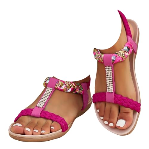 Flache Damen-Sandalen im Boho-Stil, mit T-Riemen, Glitzer, Strass, offener Zehenbereich, elastischer Knöchelriemen, elegant, lässig, Sommerschuhe, hot pink, 40 EU von Generisch