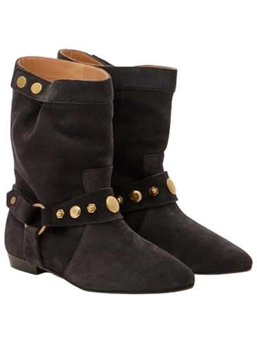 Flache Damen-Stiefeletten mit Nieten im modischen, runden und westlichen Casual-Stil in einem einfachen Slip-On-Design für einfaches tägliches Styling, Schwarz , 38 EU von Generisch