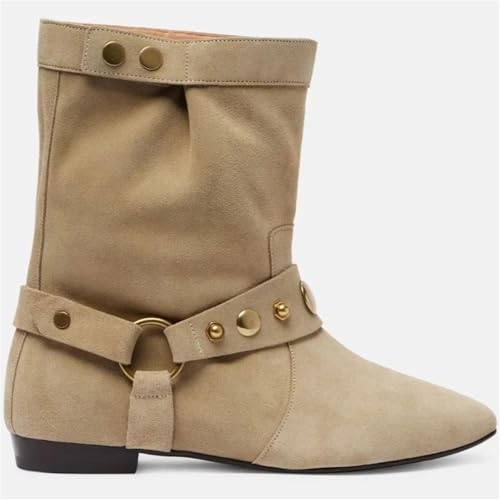 Flache Damen-Stiefeletten mit Nieten im modischen, runden und westlichen Casual-Stil in einem einfachen Slip-On-Design für einfaches tägliches Styling, Schwarz , 39.5 EU von Generisch