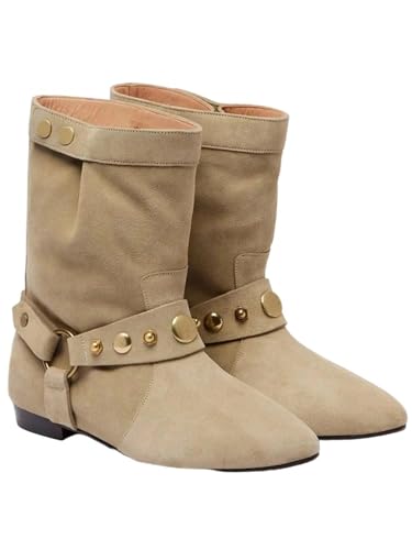 Flache Damen-Stiefeletten mit Nieten im modischen, runden und westlichen Casual-Stil in einem einfachen Slip-On-Design für einfaches tägliches Styling, aprikose, 40.5 EU von Generisch