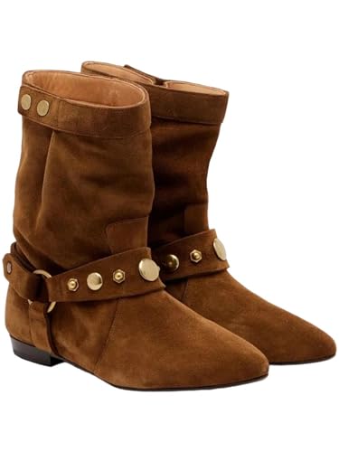 Flache Damen-Stiefeletten mit Nieten im modischen, runden und westlichen Casual-Stil in einem einfachen Slip-On-Design für einfaches tägliches Styling, braun, 40.5 EU von Generisch