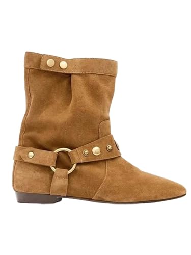 Flache Damen-Stiefeletten mit Nieten im modischen, runden und westlichen Casual-Stil in einem einfachen Slip-On-Design für einfaches tägliches Styling, khaki, 39 EU von Generisch