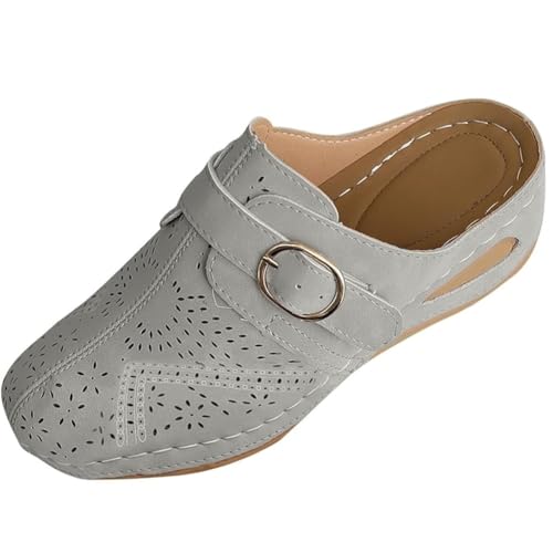 Flache Damensandalen, geschlossene Zehenpartie, ausgehöhlte, bequeme Slides mit verstellbarem Schnallenverschluss, modische, lässige Slip-on-Sandalen in Übergröße, Keilabsatz(Gray,37 EU) von Generisch
