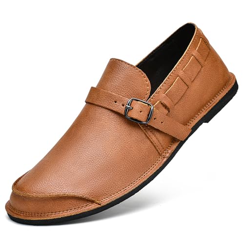 Flache Herren-Slipper aus Leder, lässig, leicht, weiche Sohle, verstellbare Schnalle, handgefertigte Anzugschuhe, hellbraun, 42.5 EU Flache Herren-Slipper aus Leder, lässig, leicht, weiche Sohle, verstellbare Schnalle, handgefertigte Anzugschuhe, hellbraun, 42.5 EU von Generisch