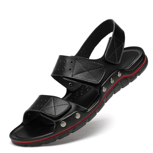 Flache Leder-Sandalen für Herren, rund, offener Zehenbereich, leicht, rutschfest, für Sommer, Strand, Outdoor, Schwarz , 47.5 EU von Generisch