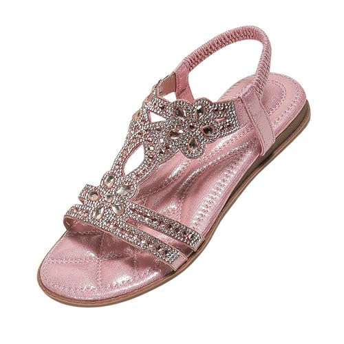 Flache Sandalen Damen Sandaletten Damen Sommer Elegant, Strasssteine Glitzer Bohemian T-Riemen Sommerschuhe Weichen Sohlen Strandschuhe Gummiband Slingback Freizeitsandalen Für Strand Urlaub von Generisch