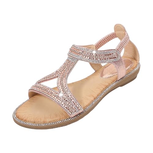 Flache Sandalen Damen Sommerschuhe Damen Bequem, Strasssteine Glitzer Bohemian Sandaletten Vintage Breite Füße Strandschuhe Open Toe Atmungsaktiv Barfußschuhe Weichen Sohlen Freizeitsandalen von Generisch