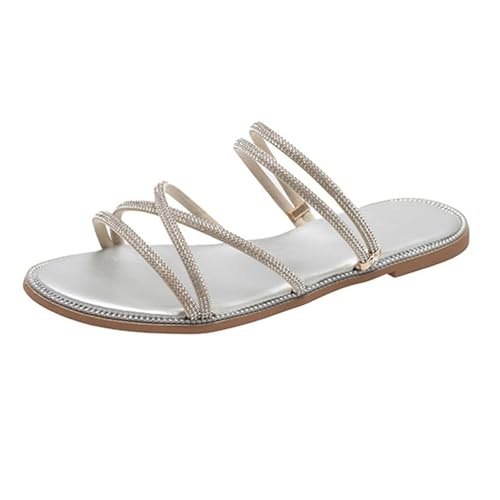 Flache Sandaletten Damen, Sandalen Für Damen Slides Sommer Glitzer Flats Strandschuhe Strass Sandals Offene Zehe Boho Sommersandalen rutschfest Sommerschuhe Riemchensandalen Freizeitsandale 1 von Generisch
