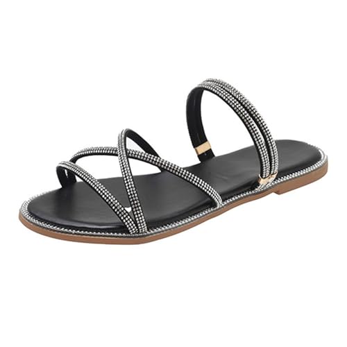 Flache Sandaletten Damen, Sandalen Für Damen Slides Sommer Glitzer Flats Strandschuhe Strass Sandals Offene Zehe Boho Sommersandalen rutschfest Sommerschuhe Riemchensandalen Freizeitsandale 1 von Generisch