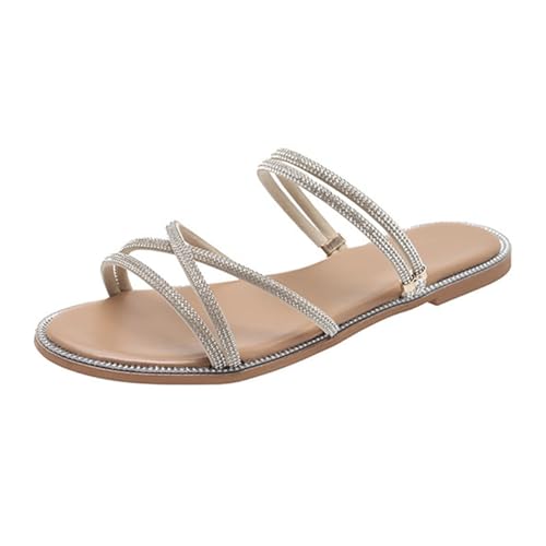 Flache Sandaletten Damen, Sandalen Für Damen Slides Sommer Glitzer Flats Strandschuhe Strass Sandals Offene Zehe Boho Sommersandalen rutschfest Sommerschuhe Riemchensandalen Freizeitsandale 1 von Generisch