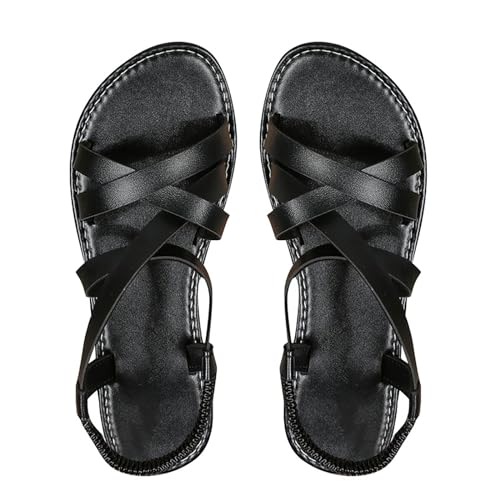 Flache Strandschuhe Damen Bequeme Sandalen Riemensandalen Sommerschuhe Peep Toe Römersandalen Outdoorsandalen Sommer Sandaletten Pu Strandsandalen Bohemian Freizeitsandalen Damensandalen Gr.36-43 von Generisch