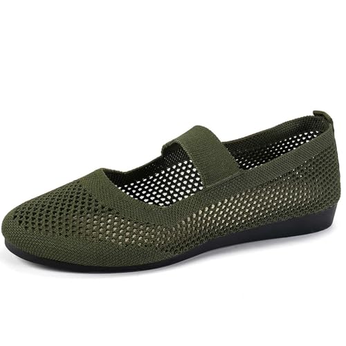 Flache Turnschuhe Damen Sportlich Ballerinas Schuhe Sportlich Balerinaschuhe Weiche Atmungsaktive Stricken Walkingschuhe Stoffschuhe Loafers Mokassins Halbschuhe Damen (Army Green, 38) von Generisch