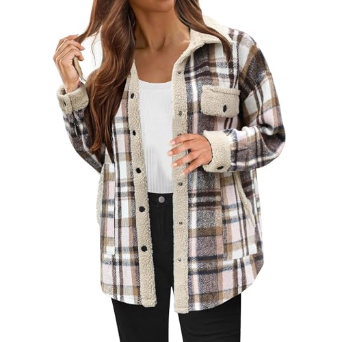 Flanell Jacke Damen: Karierte Hemdjacke Damen Übergangsjacke Langarm Shacket Mantel Flanell Jacke Button Down Hemdbluse Revers Hemdbluse Warmer Baumwolle Winterjacke Sweatshirt Flanelljacken von Generisch