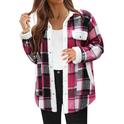 Flanell Hemdjacke Damen Kariert Fleecejacke Button Down Teddyjacke Locker Umlegekragen Karohemd Mode Leichte Winterjacke Angebote 2024 Jacket Mit Taschen Damenjacke Shacket Freizeitjacke von Generisch