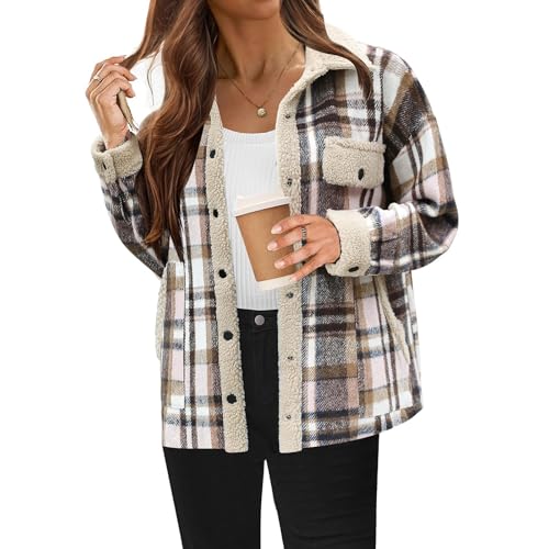 Flanell Hemdjacke Damen Kariert Fleecejacke Übergangsjacke Button Down Teddyjacke Locker Umlegekragen Karohemd Mode Leichte Winterjacke 2024 Jacket Mit Taschen Damenjacke Shacket Freizeitjacke von Generisch