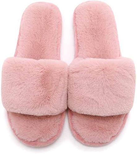 Flauschige Damen-Hausschuhe, Kunstplüsch, offene Zehen, Sandalen, kurzer Plüschbesatz, offener Zehenbereich, flache rutschfeste Sohle für drinnen und draußen, modische Plüsch-Flip-Flops von Generisch
