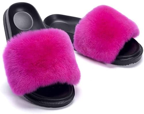 Flauschige Damen-Slider, Kaninchen, Plüsch, EVA-Sohle, modische Plüsch-Flip-Flops, super flauschig, rutschfest, verschleißfeste Sohle, Pelz-Slides mit Fußgewölbeunterstützung, offene Zehen, flache von Generisch