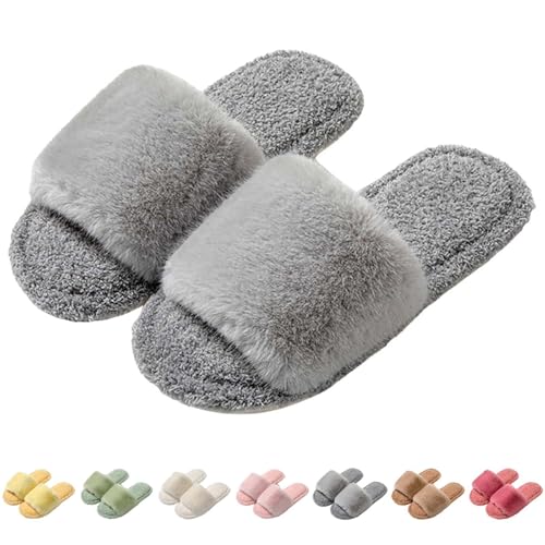 Flauschige Hausschuhe mit offenem Zehenbereich für Damen, flauschige Pantoletten – Kunstfell-Slider, breite Passform, Memory-Schaum, bequeme Hausschuhe, rutschfeste Innenschuhe, gemütlich, warm von Generisch