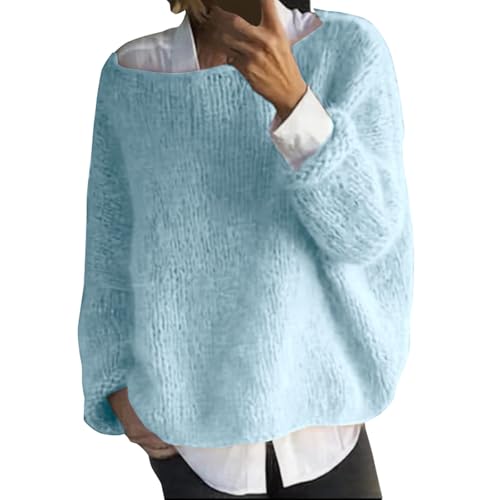 Fledermaus-Pullover für Damen, Zopfstrickpullover, flauschiger Plüschpullover, Langarm-Tops für Damen, Basic, flauschiger Plüschpullover, schulterfrei, U-Boot-Ausschnitt, Strickpullover, hellblau, 42 von Generisch