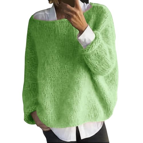 Fledermaus-Pullover für Damen, Zopfstrickpullover, flauschiger Plüschpullover, Langarm-Tops für Damen, Basic, flauschiger Plüschpullover, schulterfrei, U-Boot-Ausschnitt, Strickpullover, grün, 36 von Generisch