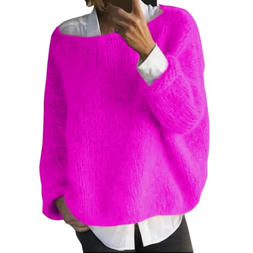 Fledermaus-Pullover für Damen, Zopfstrickpullover, flauschiger Plüschpullover, Langarm-Tops für Damen, Basic, flauschiger Plüschpullover, schulterfrei, U-Boot-Ausschnitt, Strickpullover, hot pink, 42 von Generisch