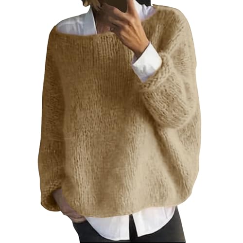 Fledermaus-Pullover für Damen, Zopfstrickpullover, flauschiger Plüschpullover, Langarm-Tops für Damen, Basic, flauschiger Plüschpullover, schulterfrei, U-Boot-Ausschnitt, Strickpullover, khaki, 38 von Generisch
