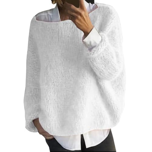 Fledermaus-Pullover für Damen, Zopfstrickpullover, flauschiger Plüschpullover, Langarm-Tops für Damen, Basic, flauschiger Plüschpullover, schulterfrei, U-Boot-Ausschnitt, Strickpullover, weiß, 46 von Generisch