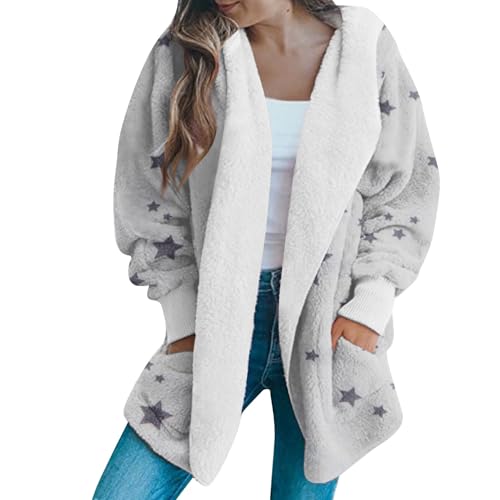 Fleece Jacke Damen Lang Oversize Winter Teddyjacke Damen Flauschig mit Kapuze Große Größen Fleecejacke Mittellang mit Stern Aufdruck Dicke Winterjacke Warm Plüschjacke Frauen Teddy mit Taschen von Generisch
