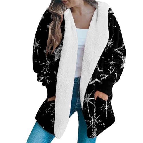 Fleece Jacke Damen Lang Oversize Winter Teddyjacke Damen Flauschig mit Kapuze Große Größen Fleecejacke Mittellang mit Stern Aufdruck Dicke Winterjacke Warm Plüschjacke Frauen Teddy mit Taschen von Generisch
