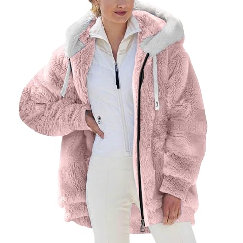 Fleece Mantel für Damen Plüschjacke Warme Kapuzenjacke Reißverschluss mit Kapuze Plüschmantel Winter Verdicken Wintermantel Flauschige Elegant Teddyjacke Thermo Fleece Fleecejacke mit Taschen von Generisch