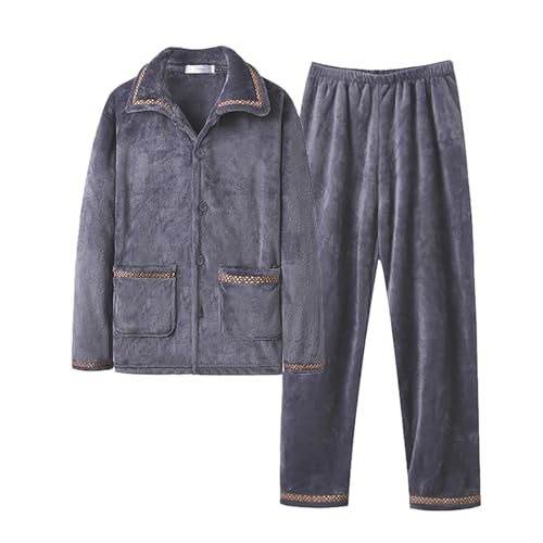 Generisch Fleece Schlafanzug Herren Lang Winter Warm Pyjama Set Hausanzug Kuschelig Zweiteilig Set Nachtwäsche Pyjamaset Langarm Shirt & Schlafanzughose Schlafanzüge für Herren mit Taschen von Generisch