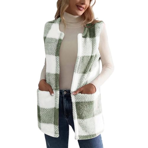 Fleece Weste Damen Kariert Grafik Herbstmantel mit Rundhalsausschnitt Warme Ärmellose Weste für Herbst und Winter Lässig und leicht Damenweste mit Taschen Übergangsjacke Green_01 XL von Generisch