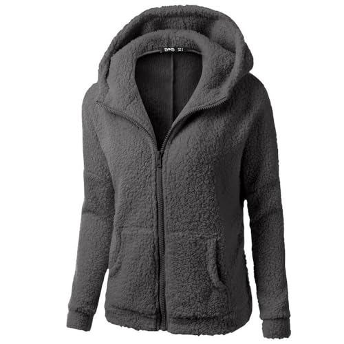 Fleecejacke Damen Mit Kapuze Herbst Winter Warm Einfarbig Teddyjacke Sweatjacke mit Reißverschluss Frauen Flauschig Langarm Kapuzenpullover Wintermantel mit Tasche Große Größen Übergangsjacke Mantel von Generisch
