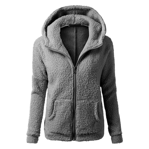 Fleecejacke Damen Mit Kapuze Herbst Winter Warm Einfarbig Teddyjacke Sweatjacke mit Reißverschluss Frauen Flauschig Langarm Kapuzenpullover Wintermantel mit Tasche Große Größen Übergangsjacke Mantel von Generisch