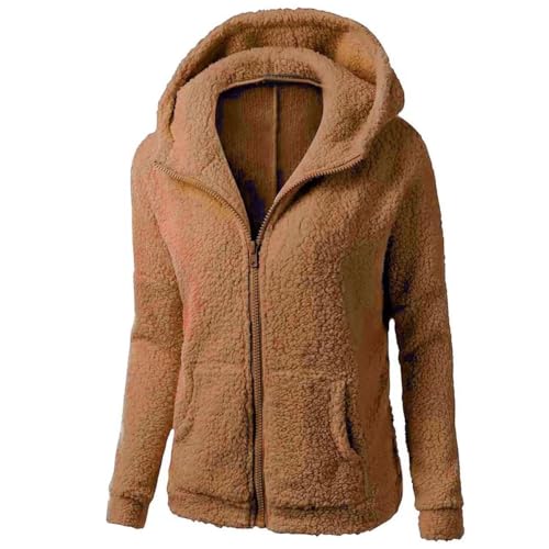 Fleecejacke Damen Mit Kapuze Herbst Winter Warm Einfarbig Teddyjacke Sweatjacke mit Reißverschluss Frauen Flauschig Langarm Kapuzenpullover Wintermantel mit Tasche Große Größen Übergangsjacke Mantel von Generisch