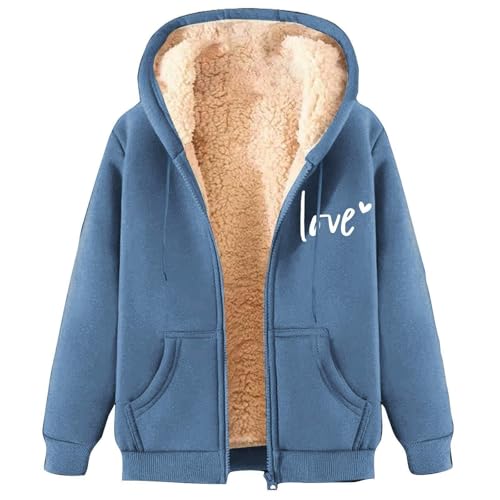 Generisch Fleecejacke Damen Mit Kapuze Herz Aufdruck Hoodie Langarm Sweatjacke Mit Reißverschluss Und Taschen Winter Fleece Warm Kapuzenjacke Zipper Kapuzenpullover Weich Sweatshirt Blau M von Generisch