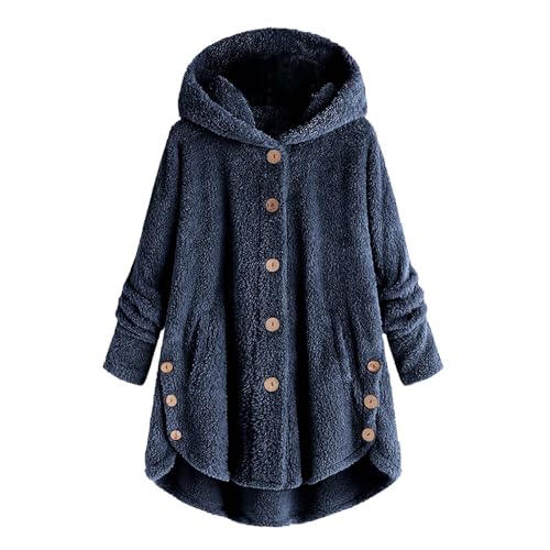 Fleecejacke Damen Plüsch Kapuzenjacke Locker Button Down Winterjacke Große Größe Casual Plüschjacke Winter Thermo Sweatjacke Mode Teenager Mädchen Jacket mit Taschen Kapuzenpullover 2024 von Generisch