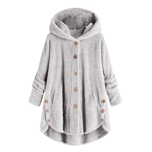 Fleecejacke Damen Plüsch Kapuzenjacke Locker Button Down Winterjacke Große Größe Casual Plüschjacke Winter Thermo Sweatjacke Mode Teenager Mädchen Jacket mit Taschen Kapuzenpullover 2024 von Generisch