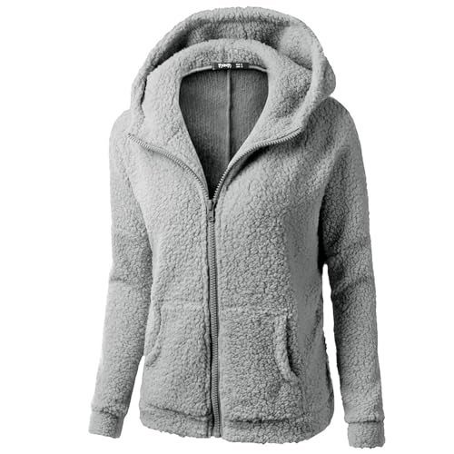 Fleecejacke Damen Winter Teddyjacke Wintermantel mit Reißverschluss Einfarbig Kuscheljacke Casual Einfachheit Übergangsjacke Herbst Winter Mode Plüschjacke Sweatshirt Große Größen Langarm Kapuzenjacke von Generisch