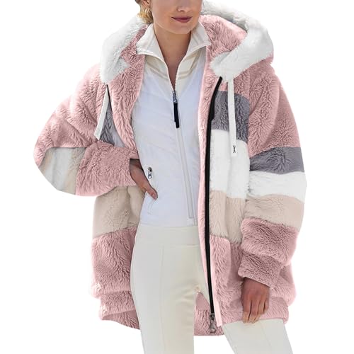 Fleecejacke Damen Winterjacke Damen Teddy Fleece Mantel Warm Gefüttert Kapuzenpullover Flauschig Plüschjacke Sweatshirt mit Kapuze und Taschen Reißverschluss Winterjacke Oversized von Generisch