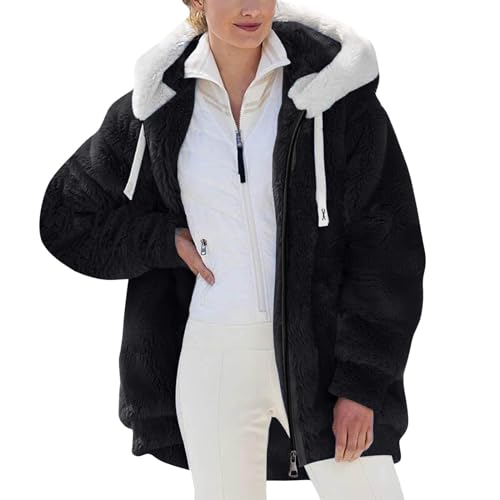 Fleecejacke Damen Winterjacke Damen Teddy Fleece Mantel Warm Gefüttert Kapuzenpullover Flauschig Plüschjacke Sweatshirt mit Kapuze und Taschen Reißverschluss Winterjacke Oversized von Generisch